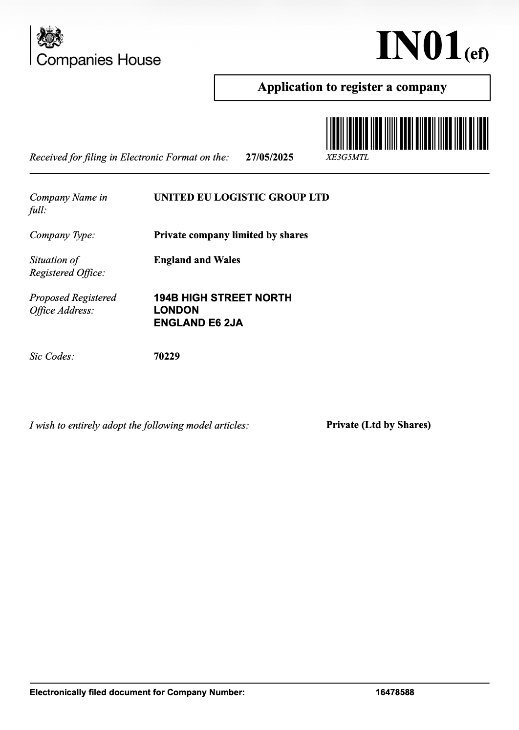 UNITED EU LOGISTIC GROUP LTDSic Codes:Private company limited by shares