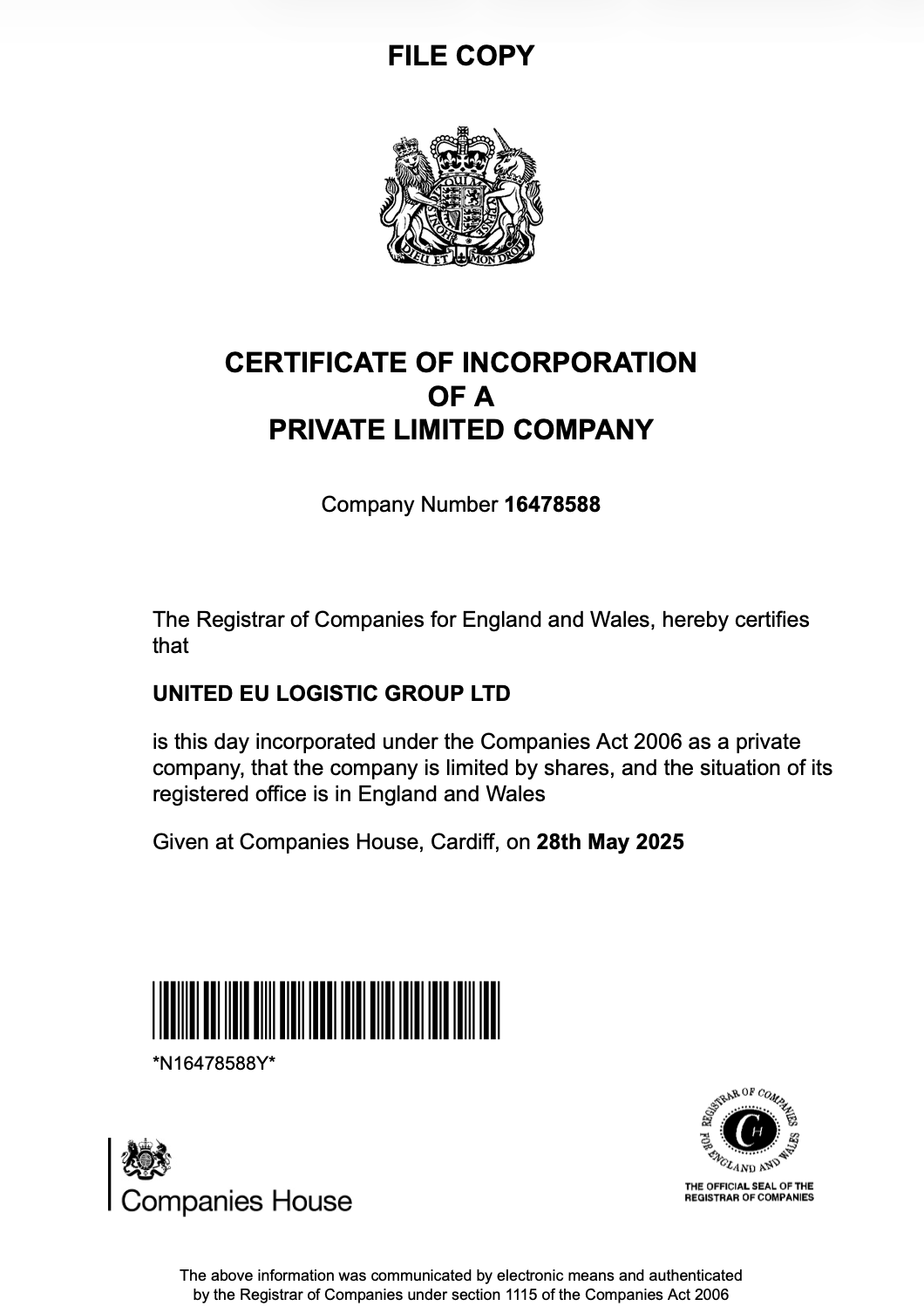 CERTIFICATE OF INCORPORATIONOF APRIVATE LIMITED COMPANYCompany Number 16478588